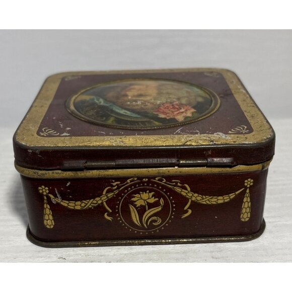 Vtg Metal Hinged Tin Box With Victorian Lady Portrait & Gold Floral Motif 4x2" - Picture 5 of 11